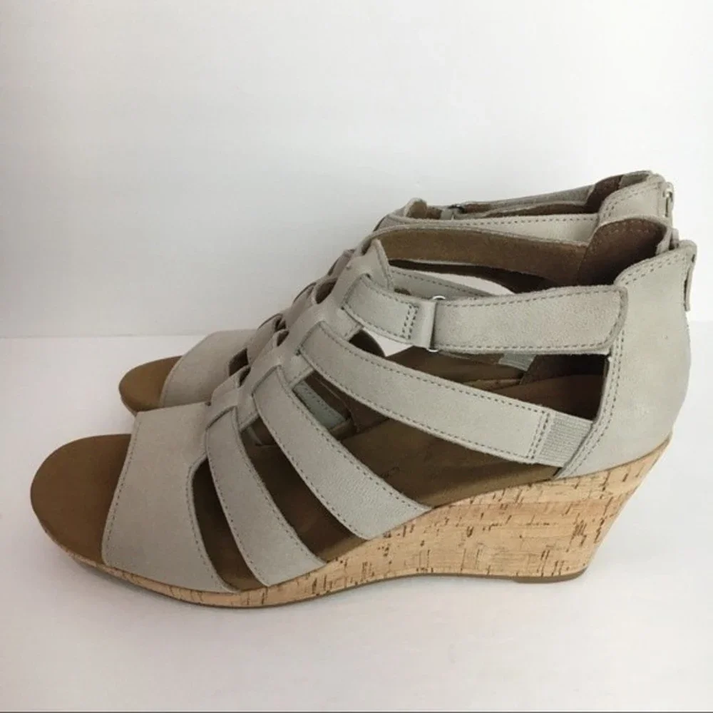 Rockport Womens Size 10 Briah Taupe Leather‎ Gladiator Wedges Sandals Shoes